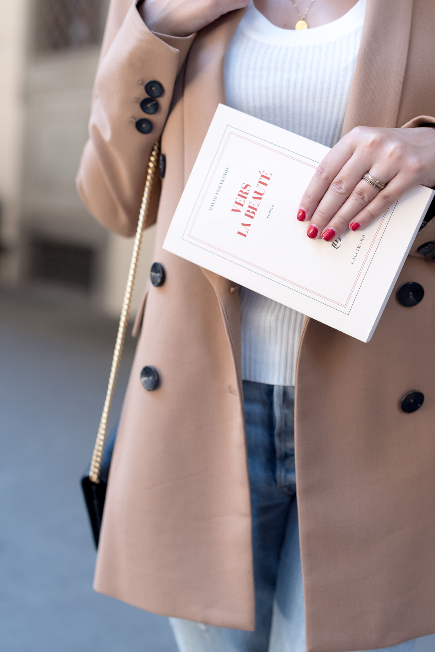 Outfit details on top Winnipeg fashion blogger Cee Fardoe of Coco & Vera, including a Zara camel blazer and Editions de Minuit novel