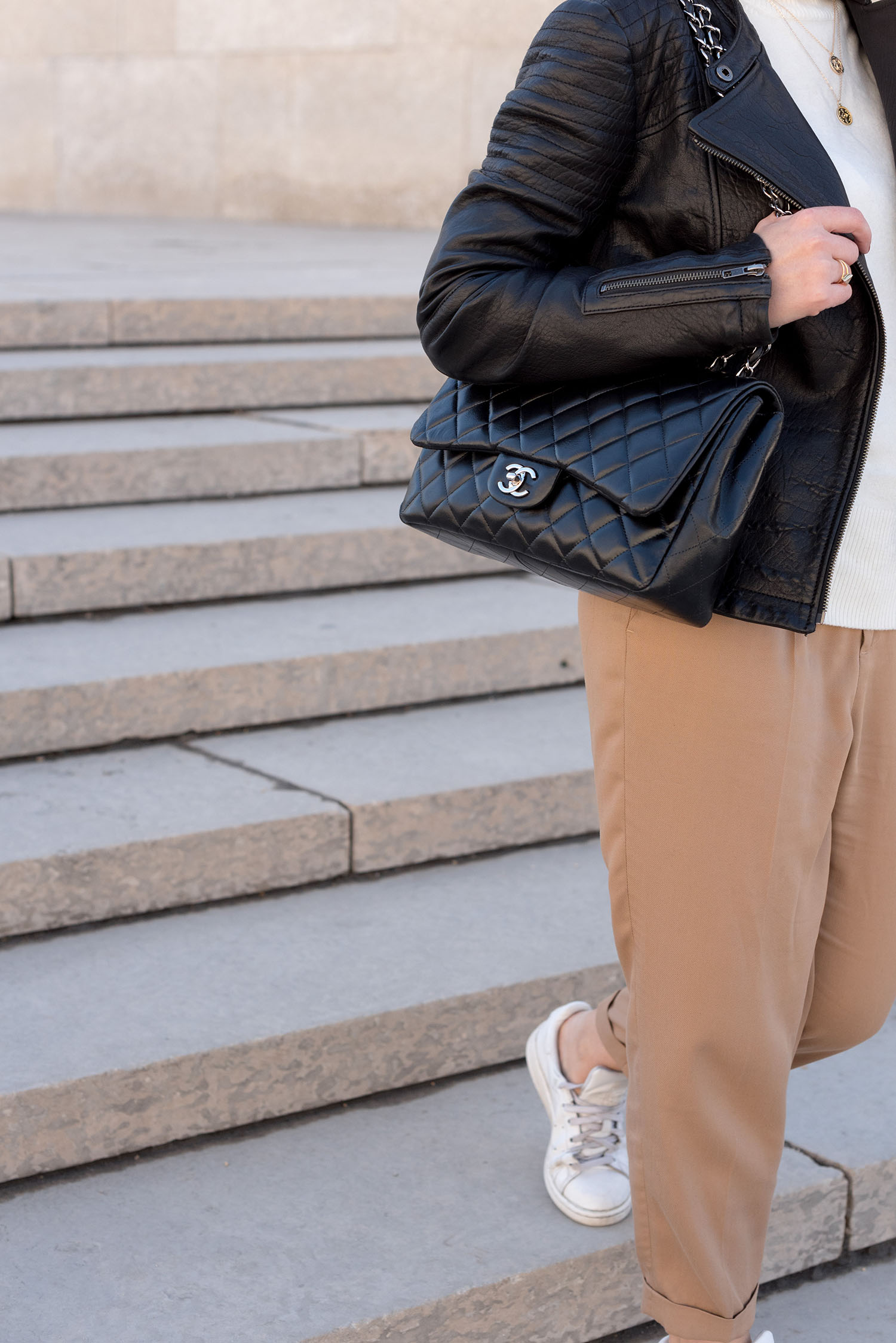 Outfit details on top Canadian fashion blogger Cee Fardoe of Coco & Vera, including a Chanel jumbo quilted handbag and Zara trousers